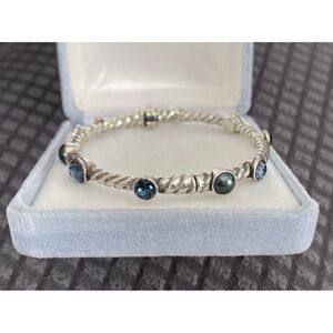 Brighton MONTE CARLO Silver Rope Hinged Blue Crystal Faux Pearl Bangle Bracelet